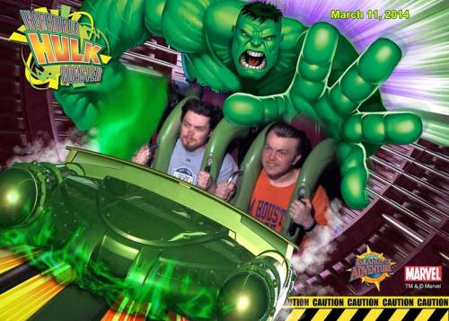 The boys’ hair is windswept as they ride the Incredible Hulk roller coaster.