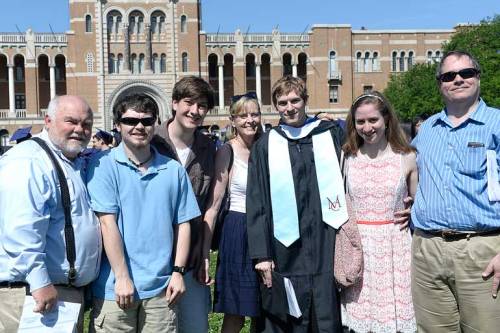 The Mister, Jake, Josh, real mom Cindy, girlfriend Claire, and real dad Charles surround Chase after he graduated from Rice University last Saturday.