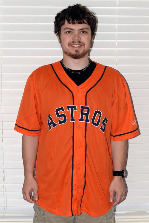 Jake rocks a giveaway Houston Astros José Altuve jersey last Sunday.